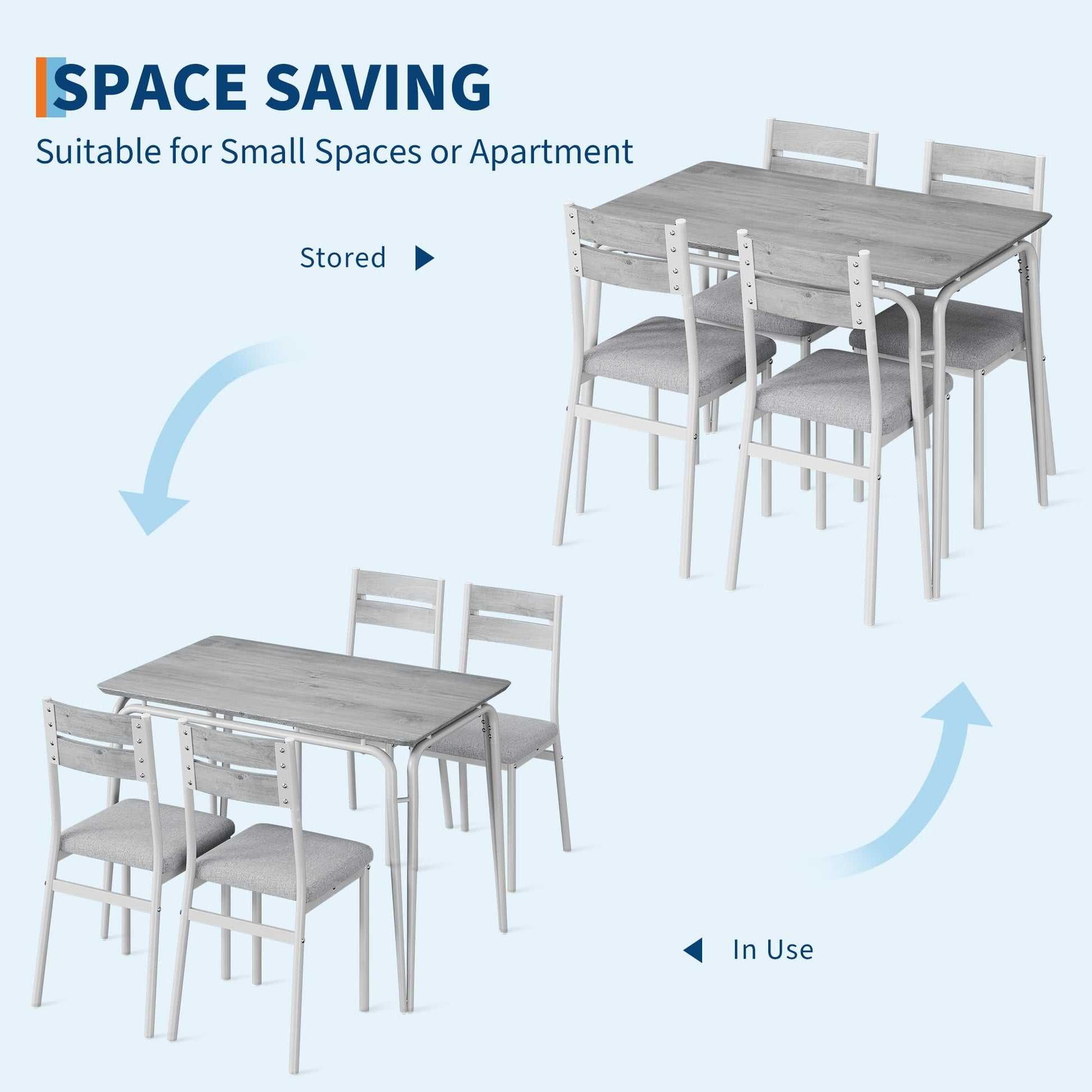 Set da pranzo Garvee per 4 persone, tavolo quadrato con 4 sedie imbottite, MDF e metallo, salvaspazio e stabile, per stanze e cucine piccole