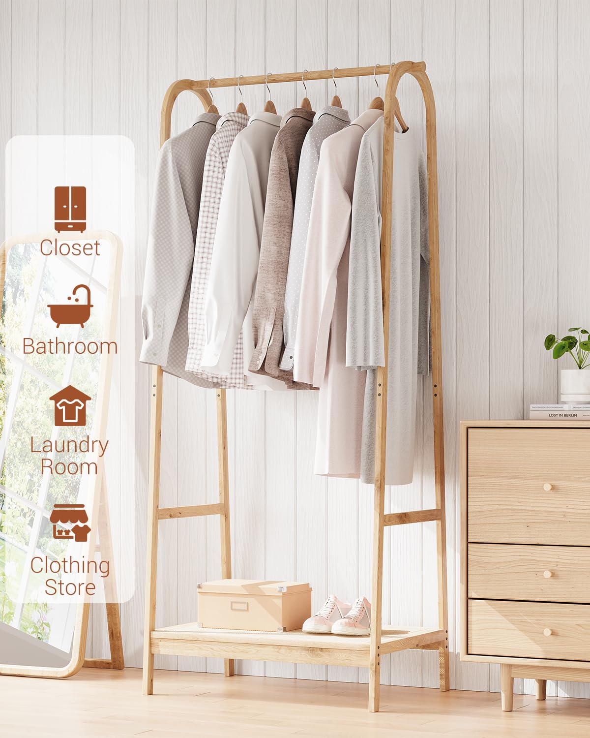 Appendiabiti in bambù Garvee con ripiano per camera da letto e balcone, robusto, grande, effetto legno naturale