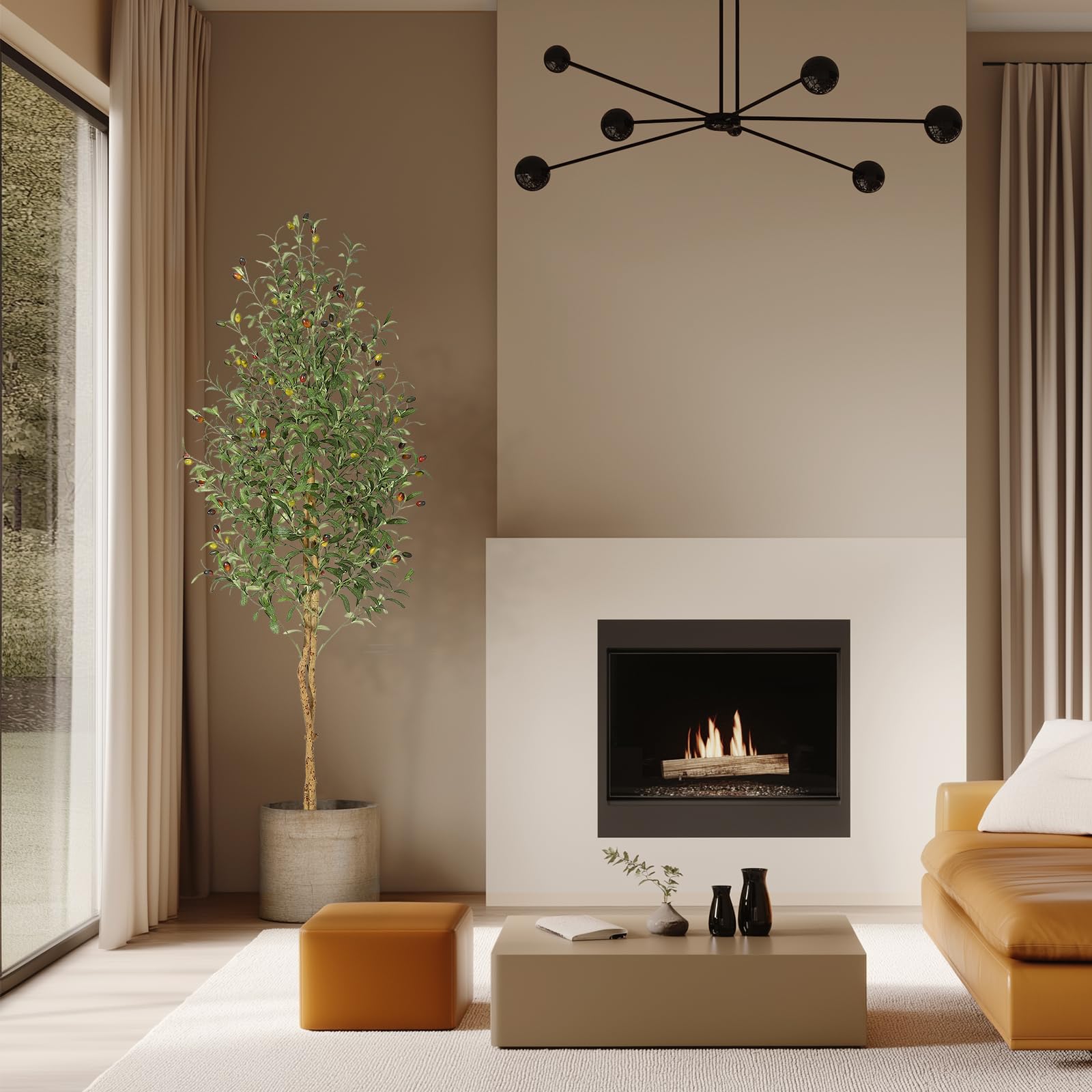 Albero di ulivo artificiale Garvee da 6 piedi con 2 tronchi di legno, vaso in cemento bianco per soggiorno e ufficio, facile da curare