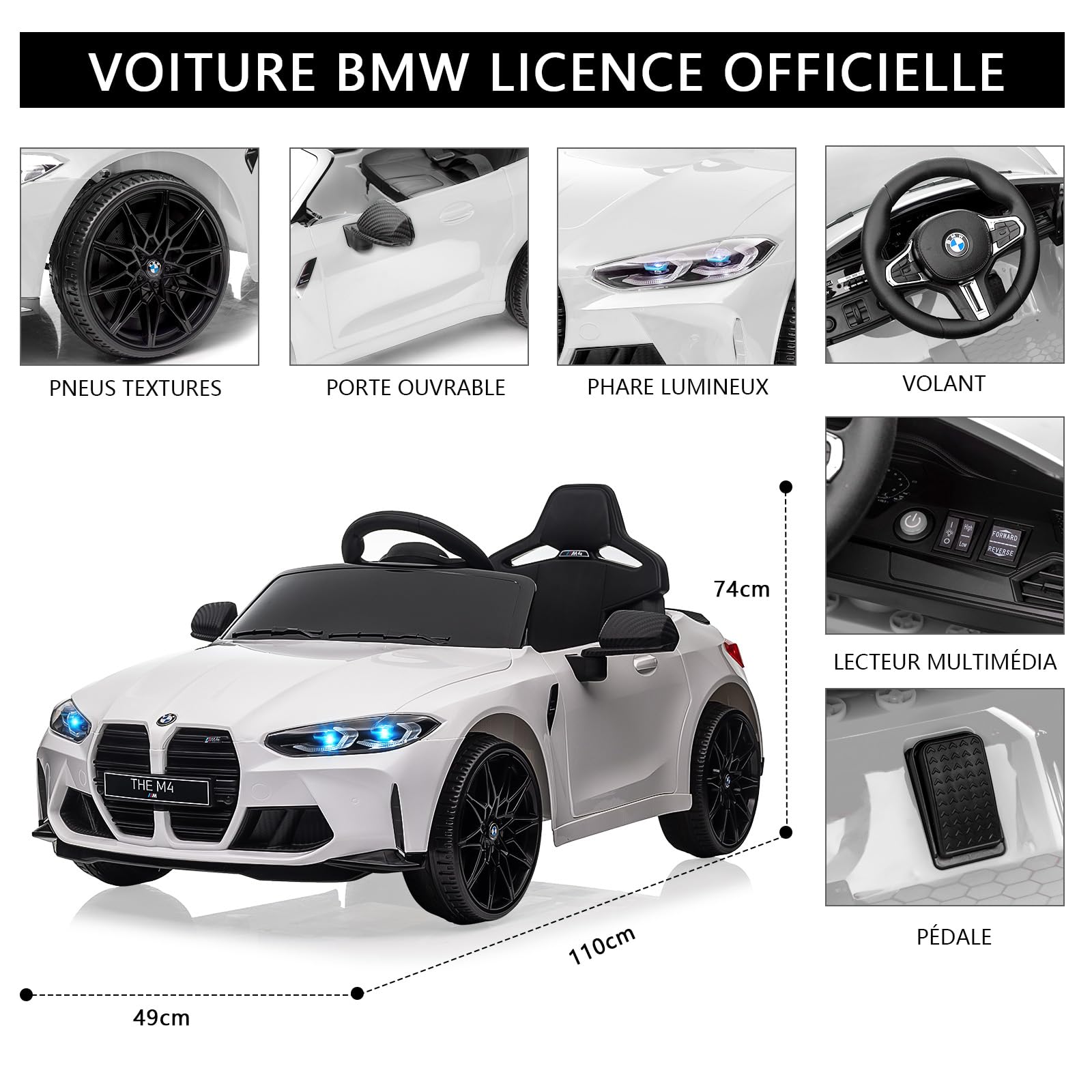 Garvee Kids Electric Car BMW M4 con licenza 12V con LED, musica, cintura di sicurezza, telecomando, metallo PP, giocattolo per esterni, 3 km/h, nero