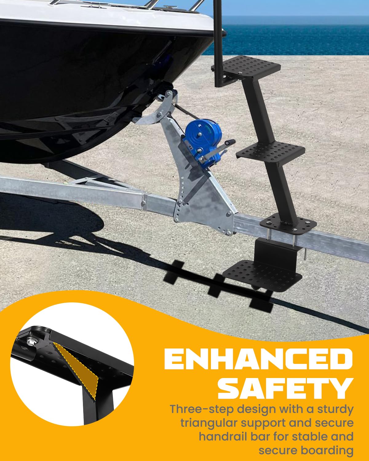 Gradini per rimorchio per barche Garvee con corrimano, 3 gradini, antiscivolo, in acciaio, regolabili, capacità di carico di 400 libbre, per timone di traino, per esterni