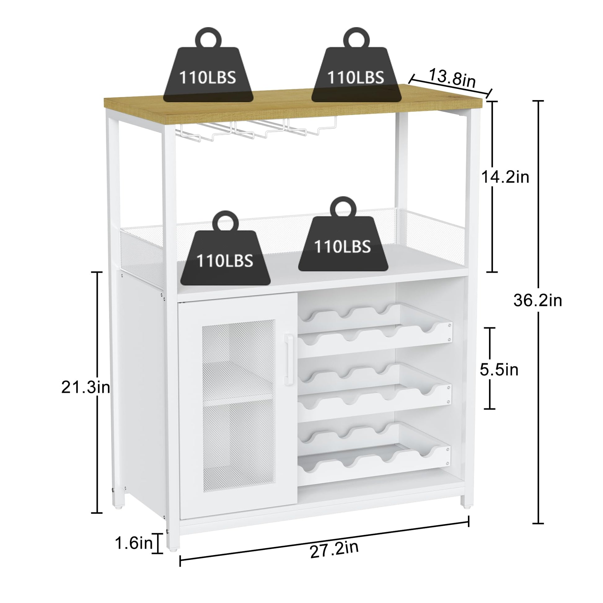 Mobile bar per vino Garvee, 3 ripiani con portabottiglie rimovibile per cucina e bar, 69,1 cm L x 35,1 cm P x 91,9 cm A, bianco, robusto MDF e ferro
