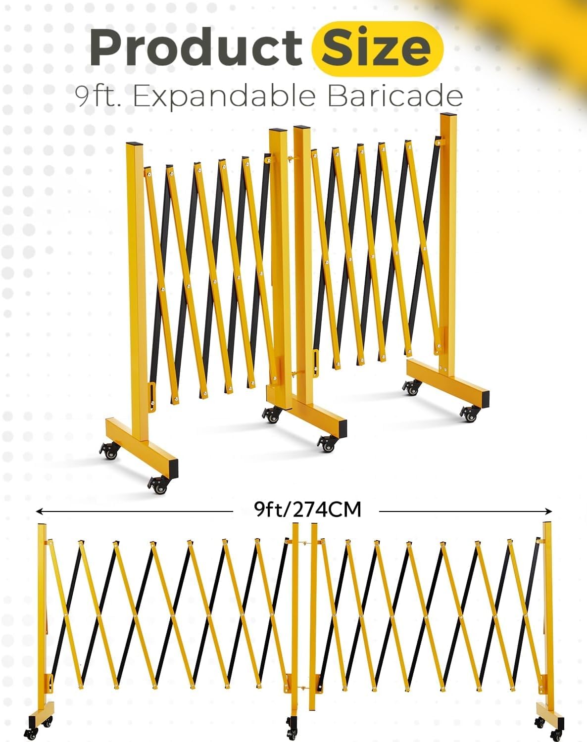 Barriera di sicurezza in metallo Garvee, estensibile, pieghevole, da 9 piedi, con ruote, in acciaio verniciato a polvere, per cantieri edili e magazzini, mobile, nera