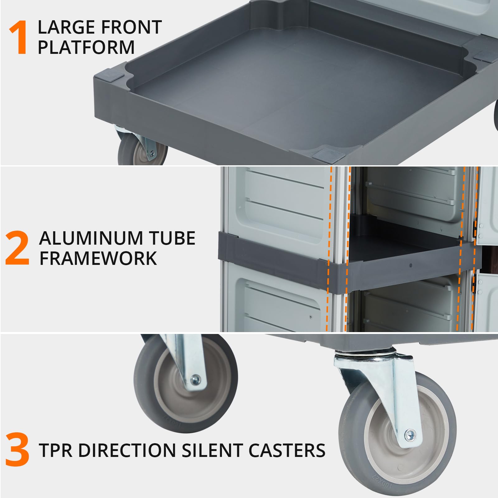 Carrello per pulizie commerciali Garvee con 2 armadietti, 3 ripiani, 6 ruote per ufficio e hotel, grigio, capacità 300 libbre