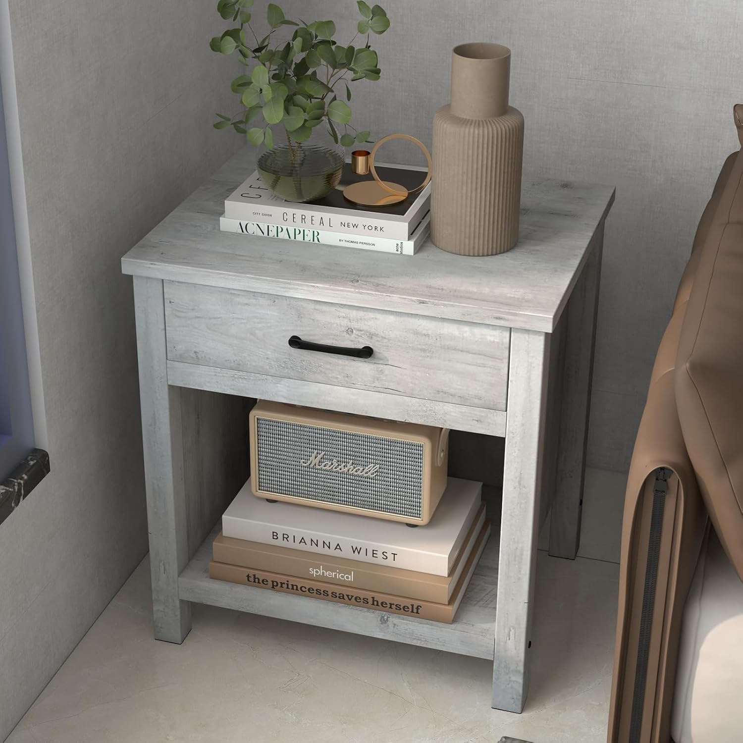 Comodino quadrato Garvee con contenitore, grigio legno, per camera da letto e soggiorno, funzionalità moderna