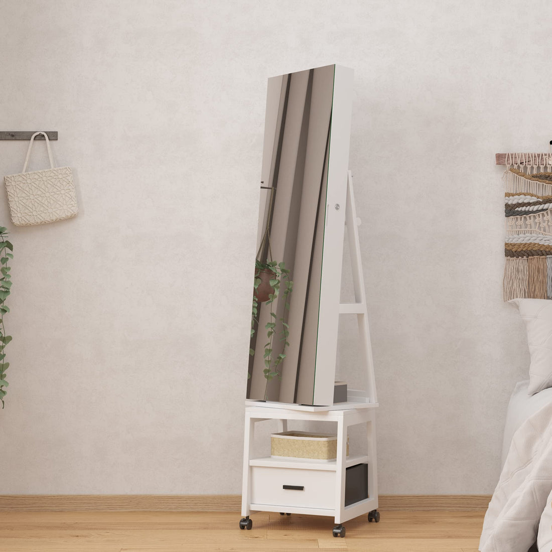Mobiletto portagioie Garvee, specchio per il trucco con rotazione a 360°, in legno, bloccabile, con rotelle, grande capacità, bianco, soggiorno, camera da letto
