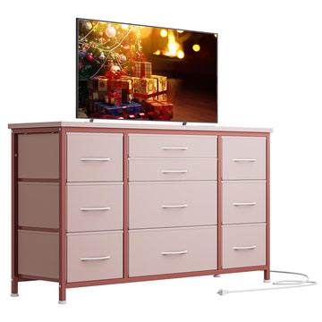 Cassettiera GARVEE con cassetti, credenza con 10 cassetti in tessuto e 3 prese di corrente, cassettiera per soggiorno, credenza per ingresso, mobile contenitore con rivestimento in tessuto, robusta struttura in metallo, piano in legno
