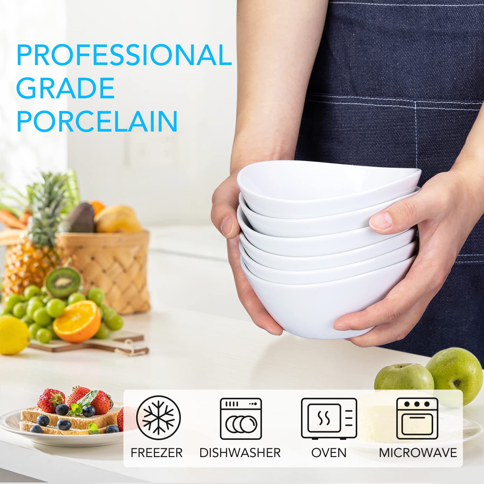 Ciotola per cereali in ceramica Garvee da 6 pollici, set di ciotole in porcellana bianche per cereali, insalata, dessert, zuppa, adatta al microonde e lavabile in lavastoviglie.