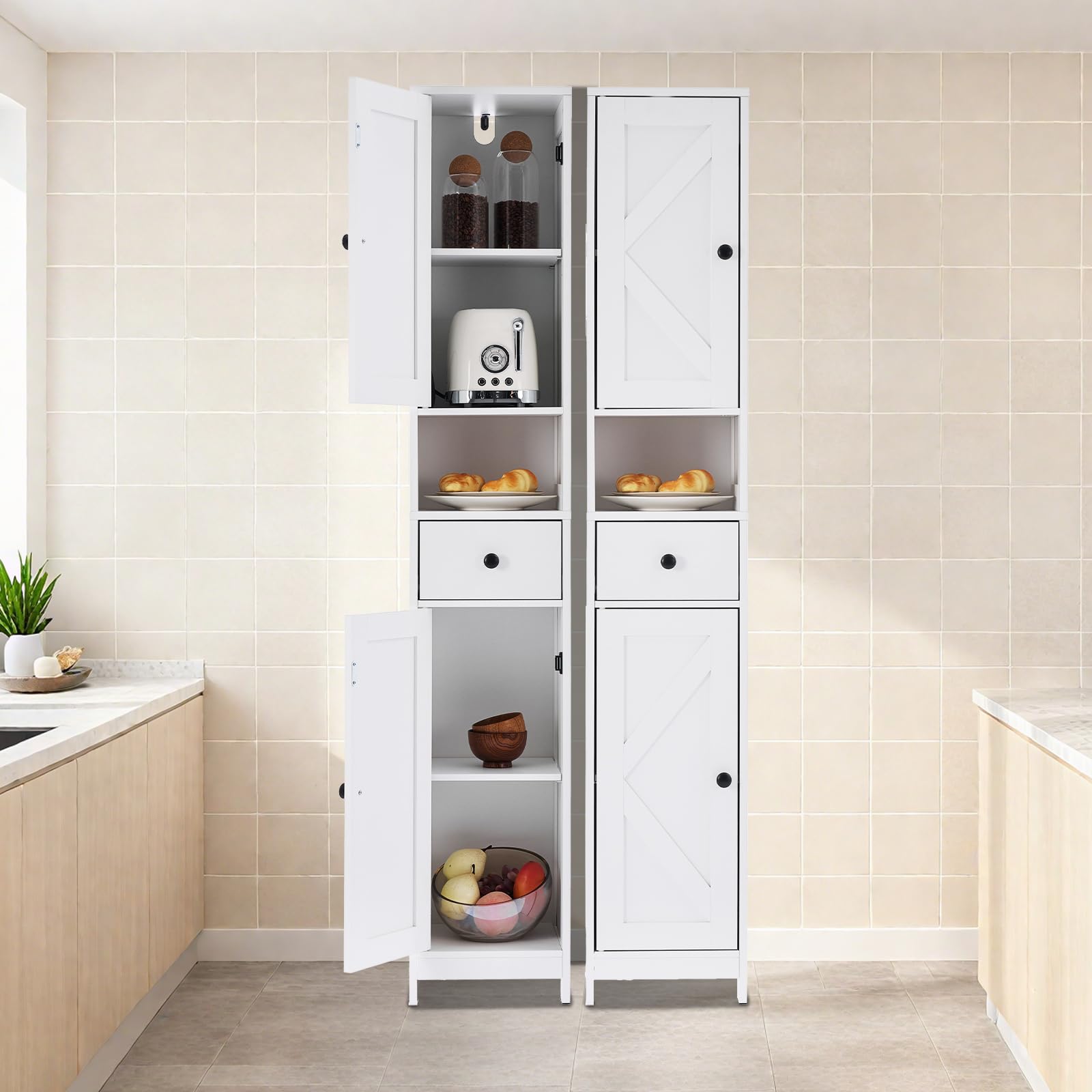 Mobiletto da bagno alto Garvee con 2 ripiani regolabili, autoportante, MDF resistente, design bianco moderno, salvaspazio per bagno e cucina