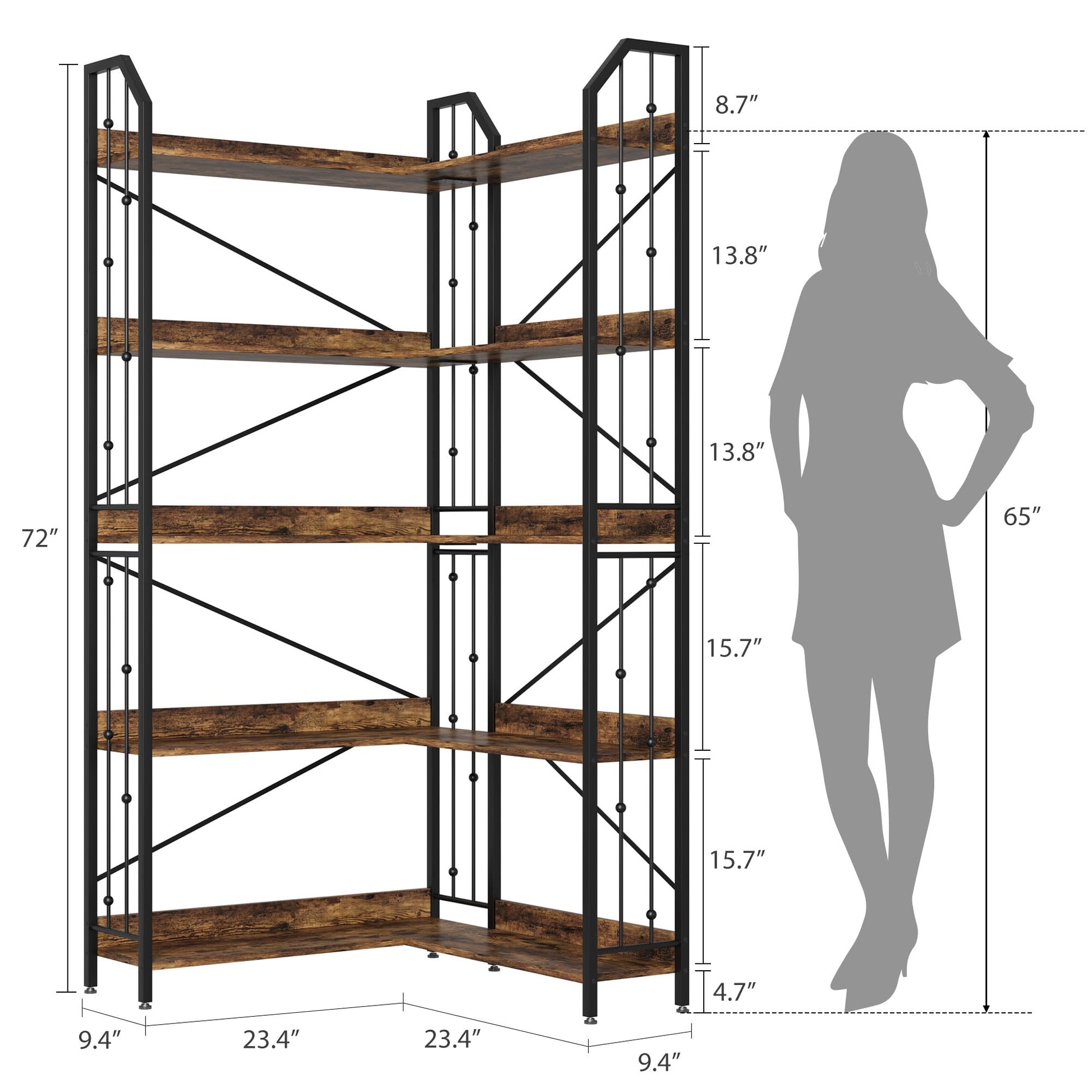 Scaffale angolare Garvee da 72" Libreria industriale a forma di L a 5 ripiani in MDF, metallo, soggiorno, camera da letto, nero