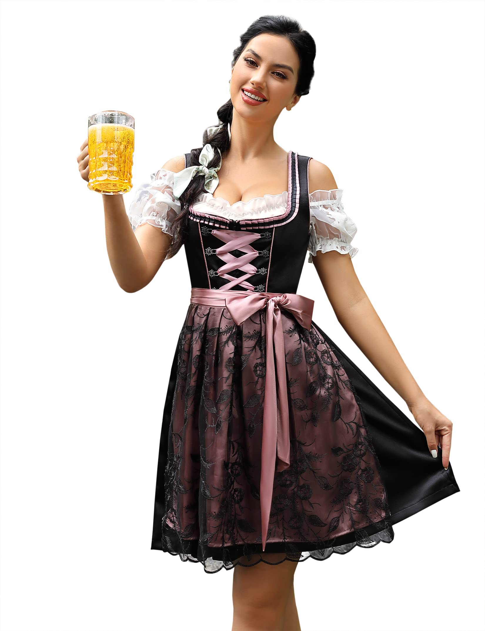 Garvee Dirndl da donna, abito tradizionale midi, set da 3 pezzi con camicetta e grembiule per l'Oktoberfest, nero, taglia 34