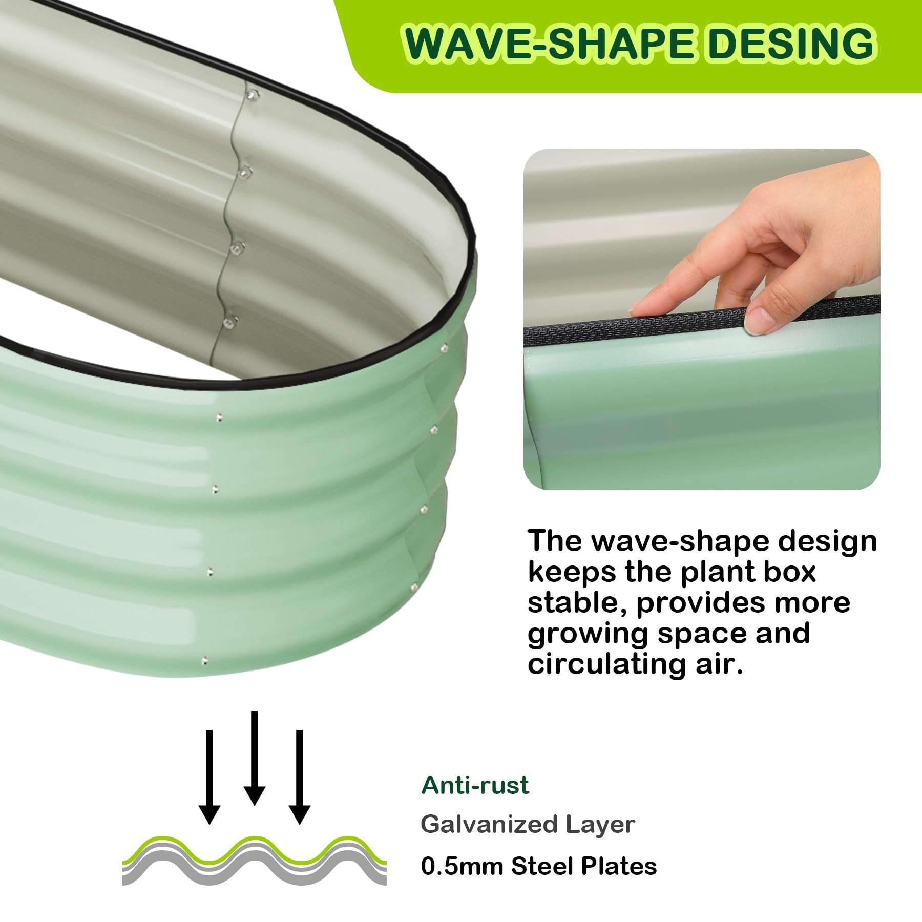 Aiuola rialzata ovale Garvee 4,5x2x1 piede in acciaio zincato antiruggine con base aperta, verde, senza attrezzi, per giardino e patio