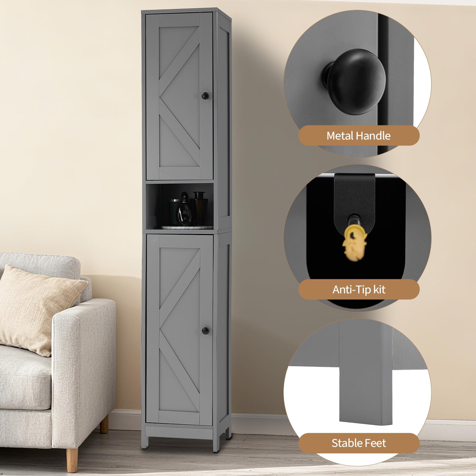 Mobiletto da bagno alto Garvee da 170 cm con 2 ante a battente e 1 cassetto, ripiani regolabili, legno massello, stile rustico, stretto, bianco, versatile per bagno e cucina