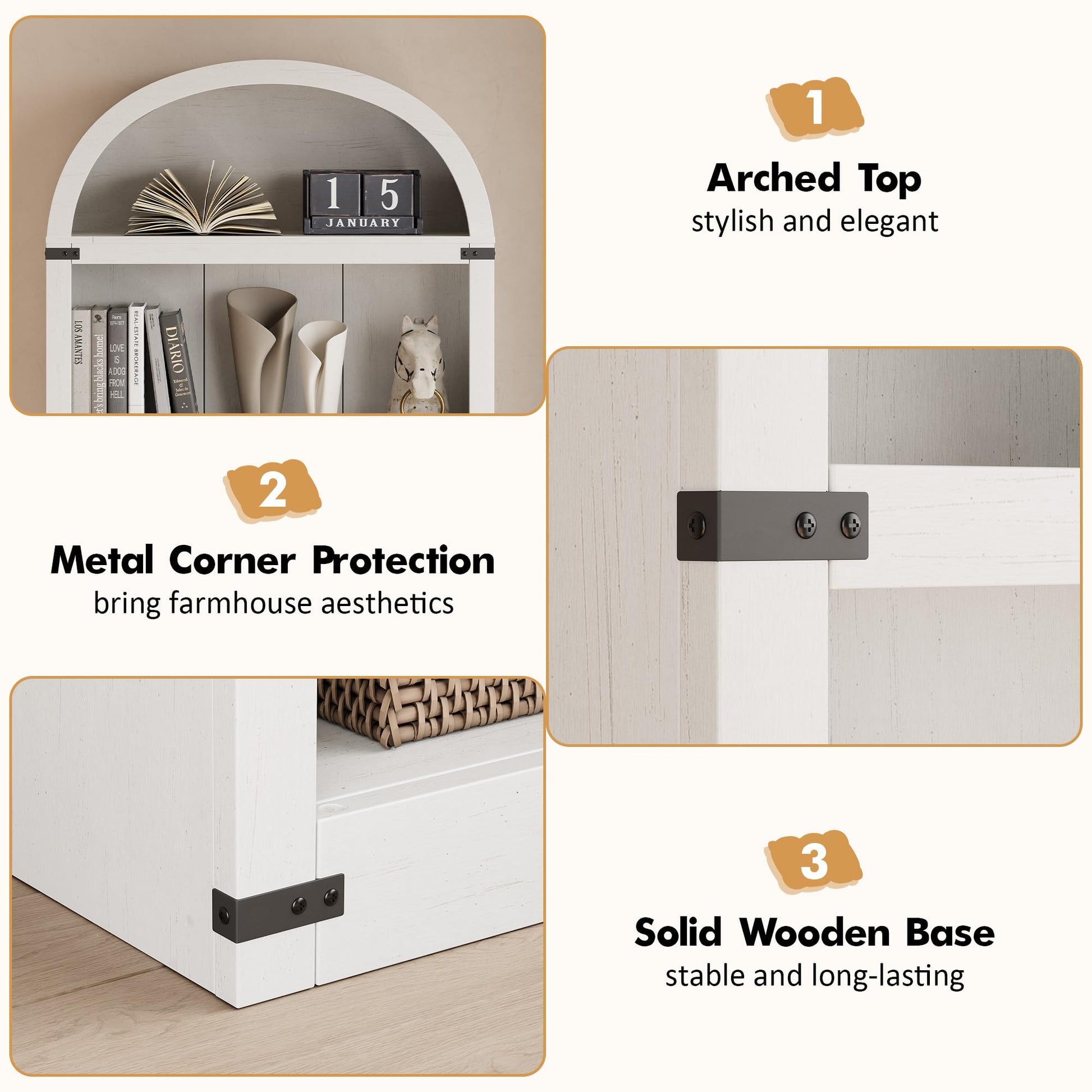 Libreria Garvee a 5 ripiani in legno di fattoria ad arco, protezione angolare in metallo bianco, soggiorno, ufficio, 71,65 pollici