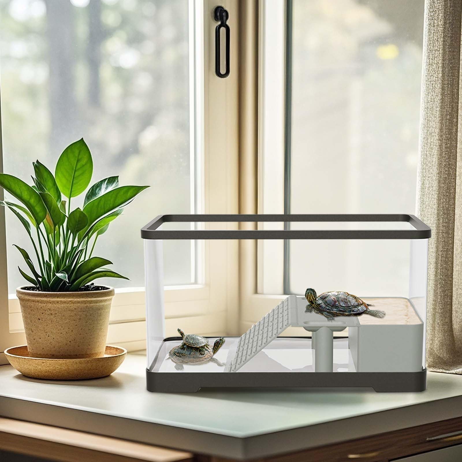 Kit acquario per tartarughe Garvee con piattaforma per il bagno, luce, rampa, acrilico, 15,7×8,7×9 pollici, trasparente, vista a 360° per tartarughe acquatiche