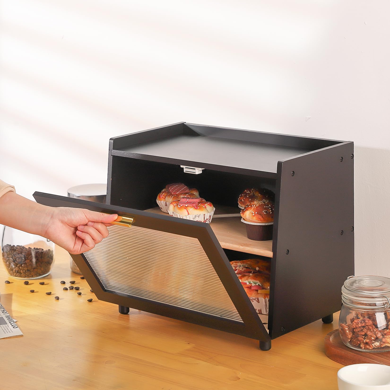 Garvee Contenitore Pane a Doppio Strato con Finestra, Grande Capacità, Bamboo Resistente, Chiusura Magnetica, Nero e Oro, Cucina Moderna