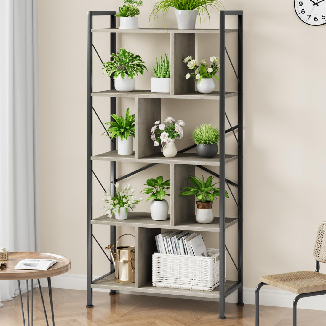 Libreria industriale alta Garvee a 5 ripiani con spazio per soggiorno, ufficio, camera da letto, MDF, metallo, robusta, antiribaltamento