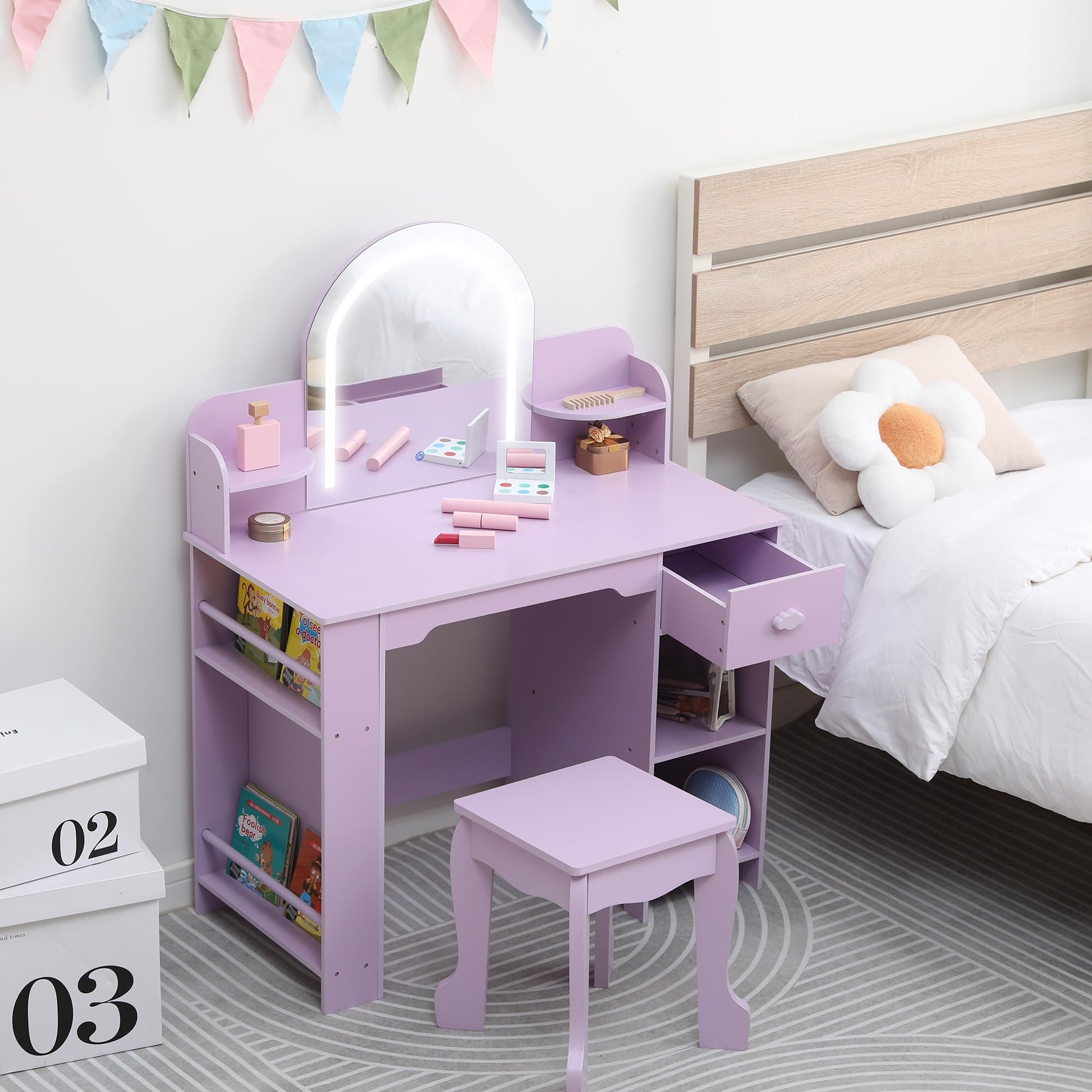 Toeletta per bambini Garvee con specchio illuminato, mobiletto e sgabello 2 in 1, MDF, modalità luce LED, spazio di archiviazione, per bambine dai 3 ai 9 anni, camera da letto e sala giochi