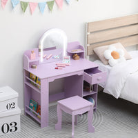 Toeletta per bambini Garvee con specchio illuminato, mobiletto e sgabello 2 in 1, MDF, modalità luce LED, spazio di archiviazione, per bambine dai 3 ai 9 anni, camera da letto e sala giochi