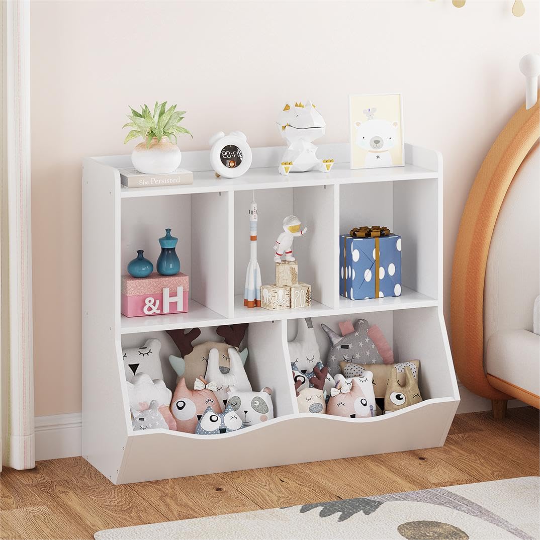 Libreria portagiochi per bambini Garvee con 3 scomparti aperti e 2 contenitori basculanti per camera da letto e sala giochi, in legno, 36x11x31 cm, colore legno naturale