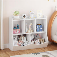 Libreria portagiochi per bambini Garvee con 3 scomparti aperti e 2 contenitori basculanti per camera da letto e sala giochi, in legno, 36x11x31 cm, colore legno naturale