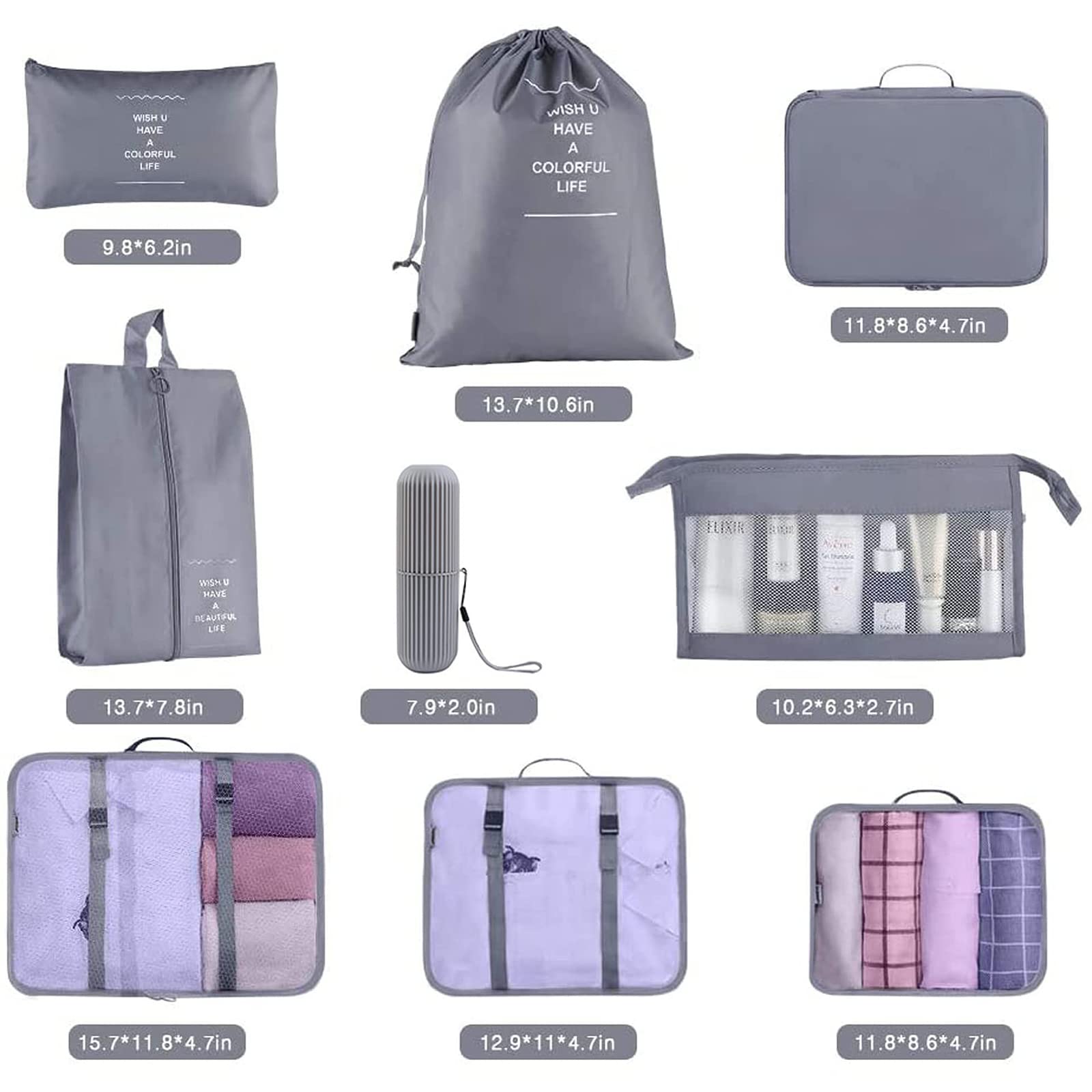 Garvee Set 9 Cubi Organizzatori Valigia - Tasche Leggere In Nylon Impermeabile Per Viaggi E Campeggio, Design A Rete, Chiusura Zip Doppia, Multicolore