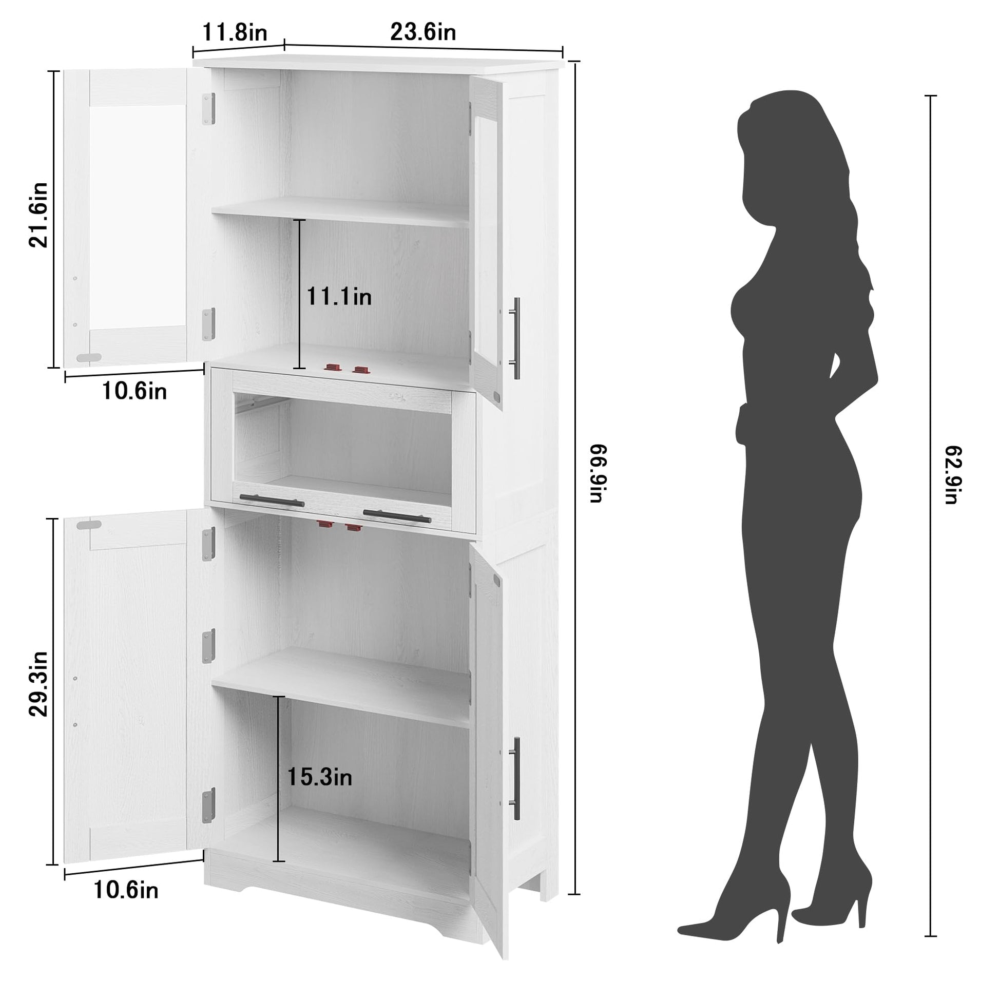 Mobiletto alto da bagno Garvee con ante in vetro, ripiani regolabili, MDF, bianco per cucina e soggiorno, 23,6"x11,8"x66,9"