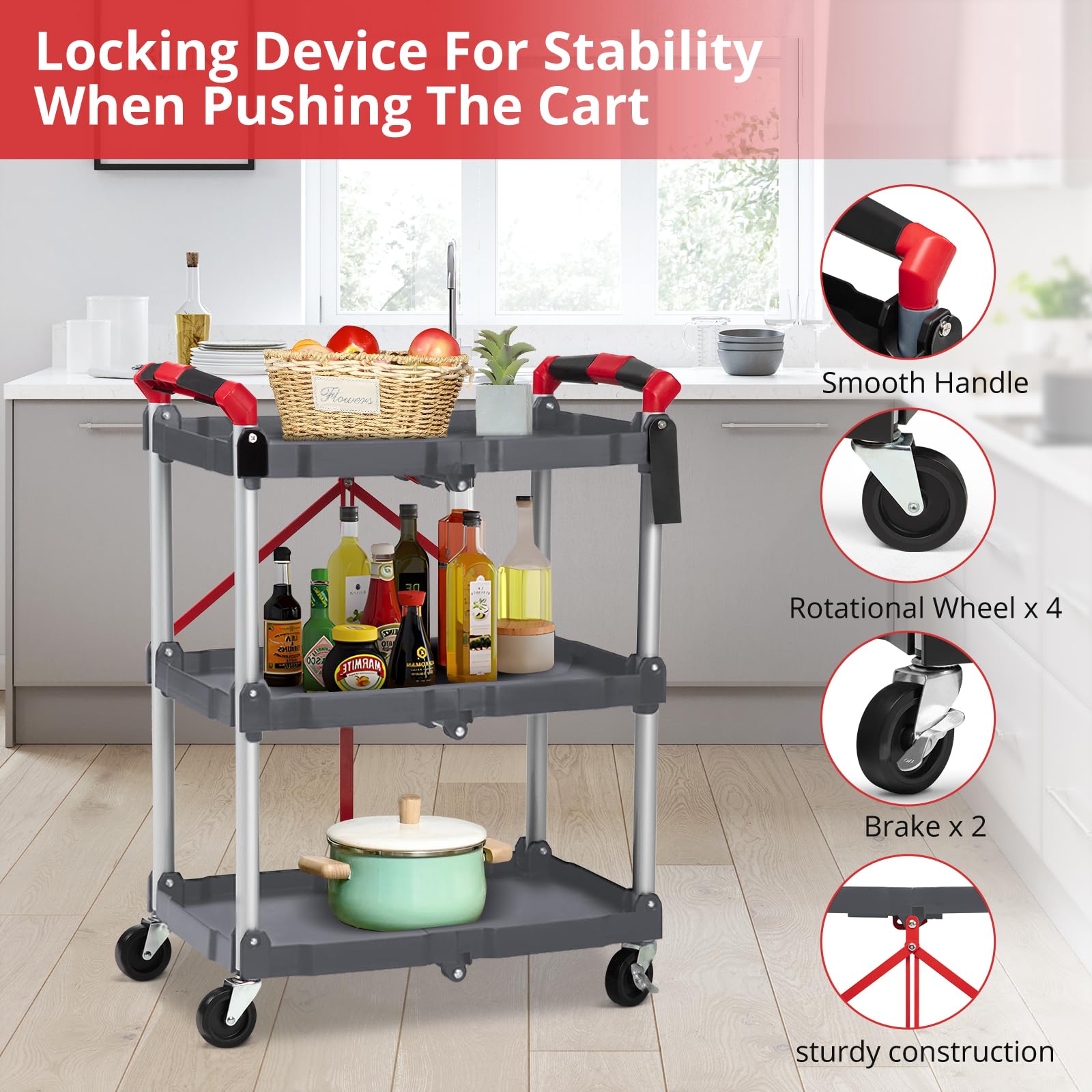 Carrello di servizio pieghevole Garvee a 3 ripiani, struttura in alluminio, pieghevole, per ufficio e casa, capacità di carico di 56 libbre, nero
