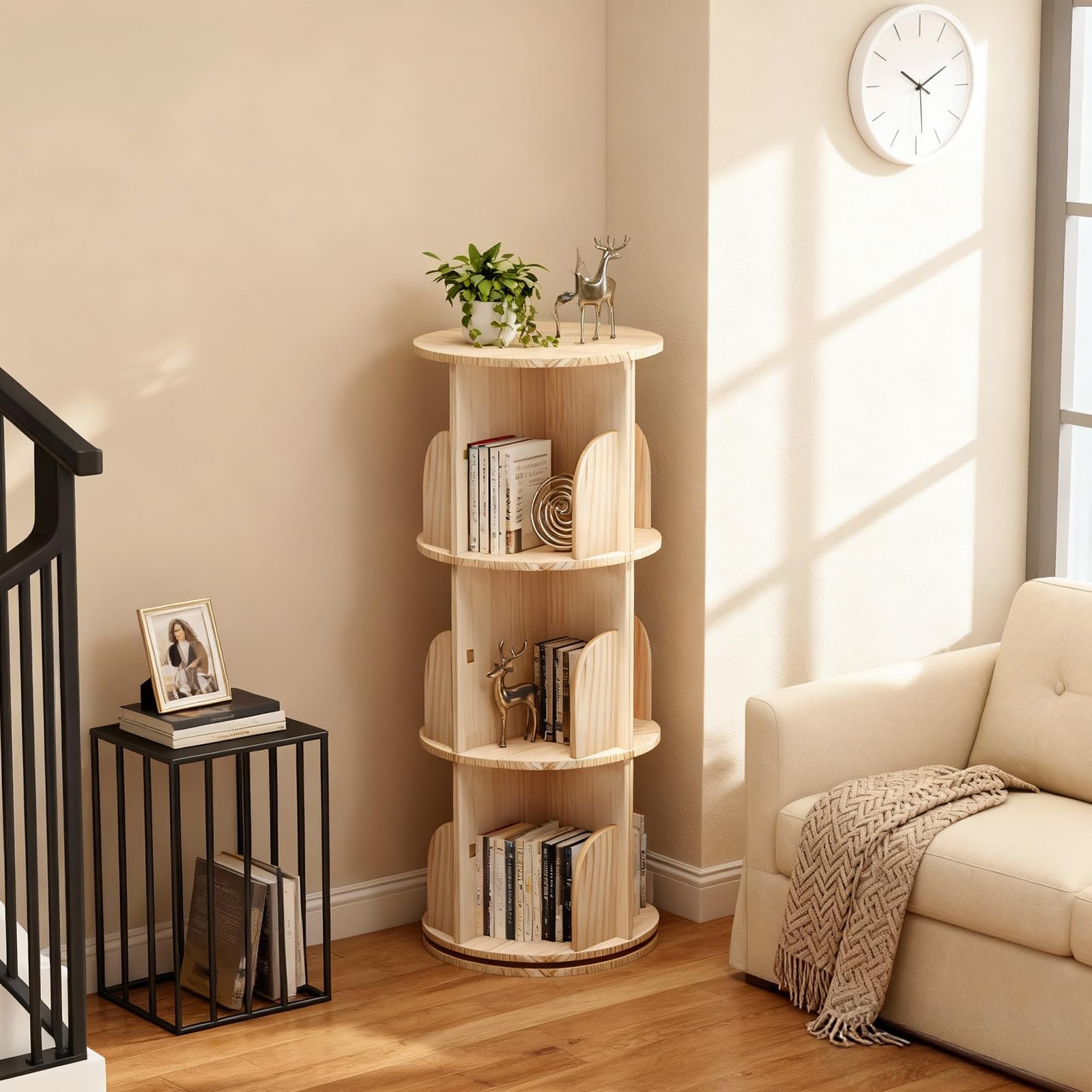 Libreria girevole a 3 ripiani Garvee in legno massello - Scaffale girevole a 360° per bambini e adulti, Ø39 cm, H98 cm, marrone