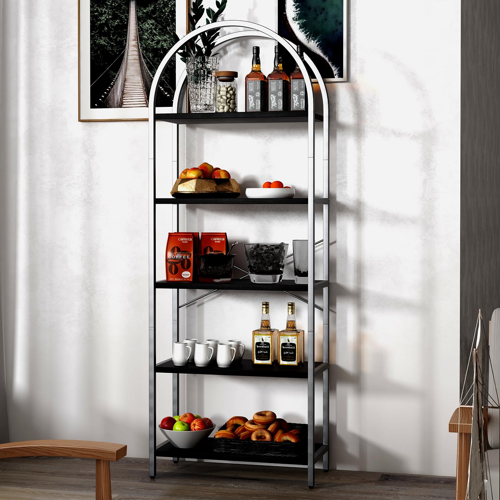 Libreria Garvee a 5 ripiani con struttura in metallo, ampio ripiano aperto, scaffalatura ad arco, nera per soggiorno e ufficio