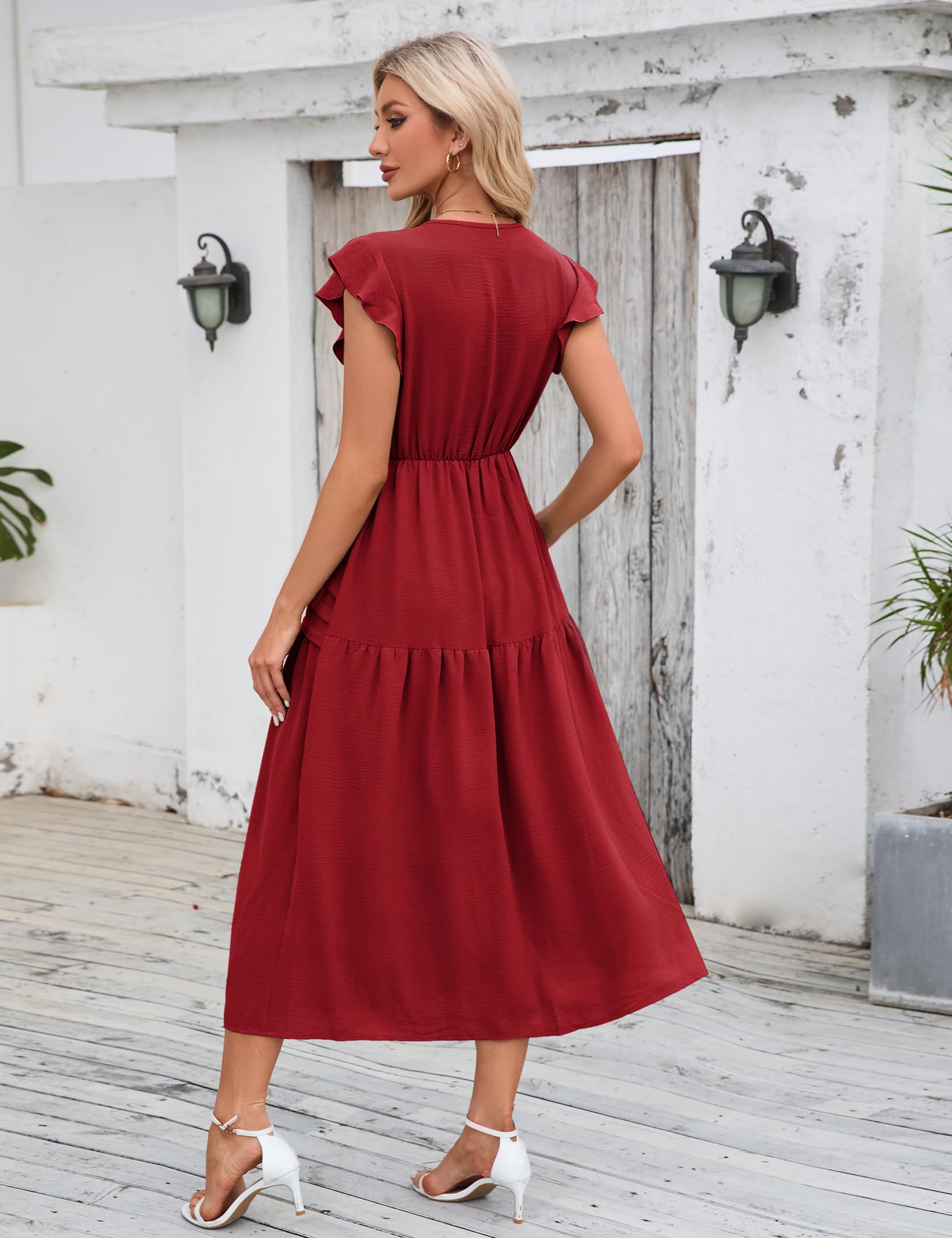 Abito estivo retrò alla moda da donna Garvee con maniche fluenti, elegante, rosso vino, taglia M