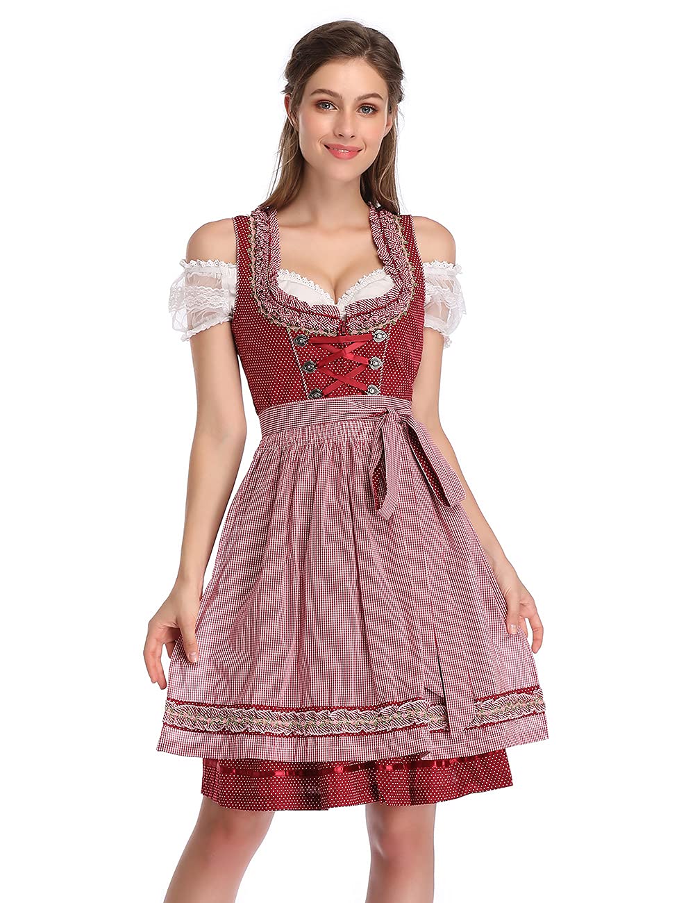 Abito Dirndl da donna Garvee Bavaria Oktoberfest, set da 3 pezzi, camicetta e grembiule, grembiule bavarese a maniche corte, abito da cameriera Oktoberfest, bordeaux a pois, taglia M