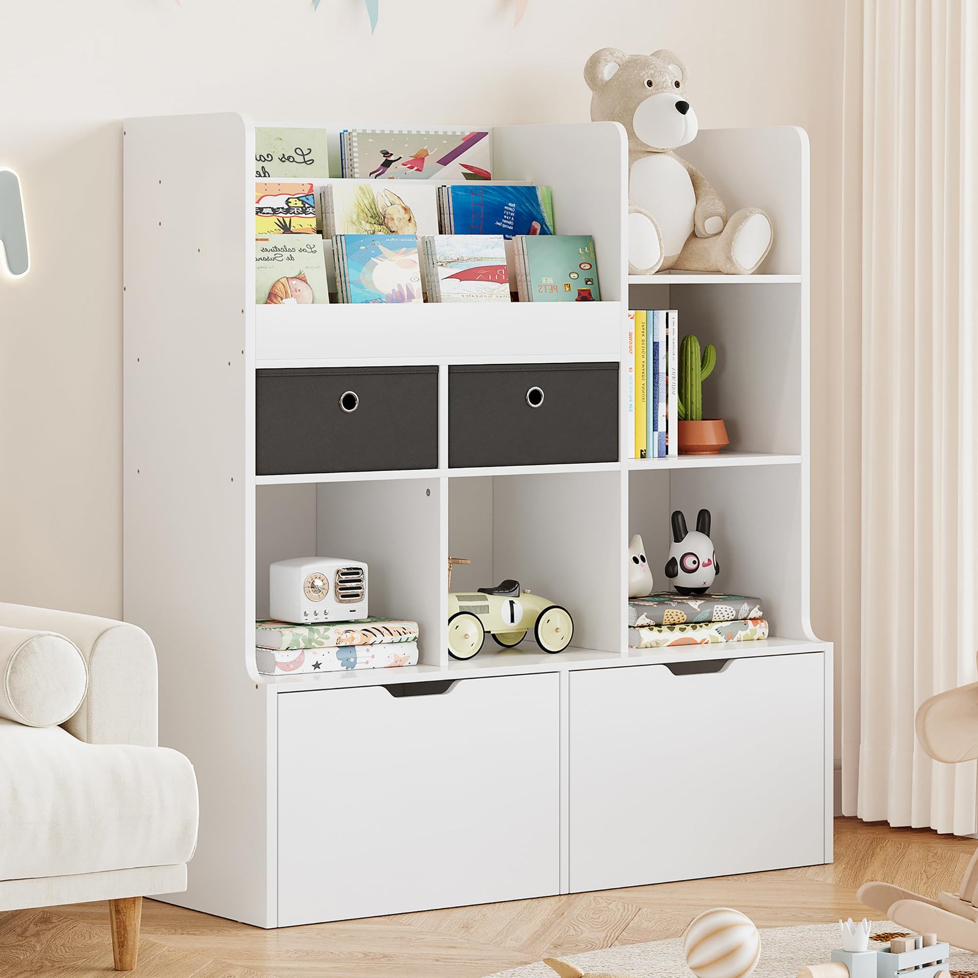 Garvee, libreria per bambini con cassetti, organizer per giocattoli da 47,8 pollici, moderna mensola in legno per sala giochi, aula, cameretta dei bambini