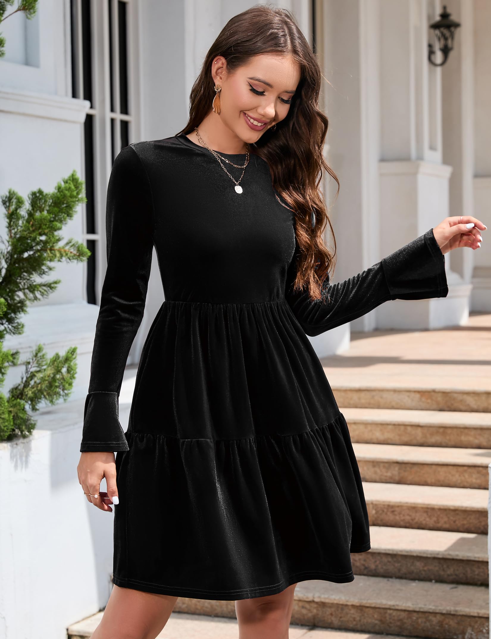 Garvee - Elegante abito in velluto da donna, mini abito invernale con volant, scollo rotondo e maniche lunghe, nero, L