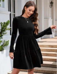 Garvee - Elegante abito in velluto da donna, mini abito invernale con volant, scollo rotondo e maniche lunghe, nero, L