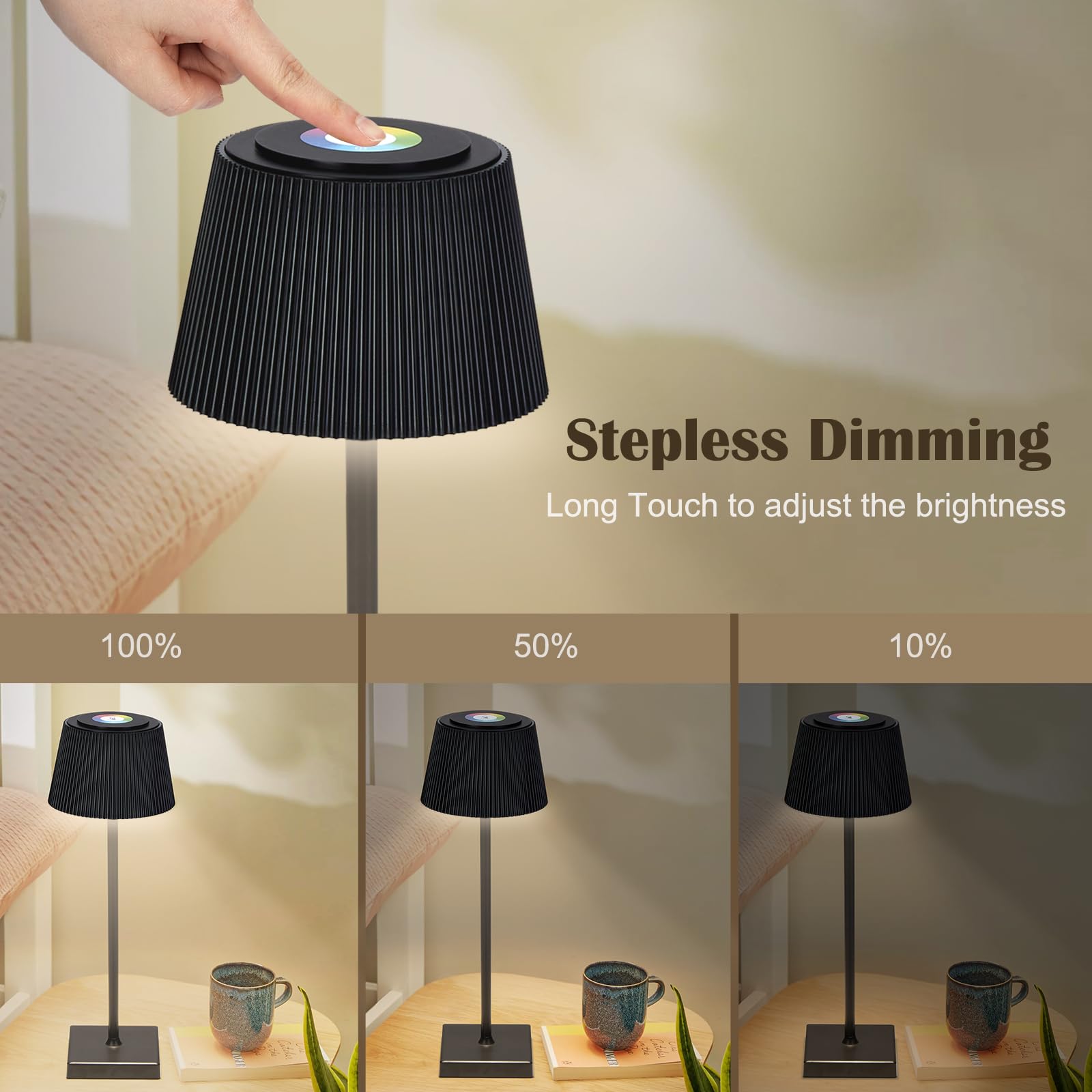 Lampada da tavolo regolabile wireless GARVEE, 8 colori, ricaricabile tramite USB-C, impermeabile, nera, per giardino, balcone, hotel