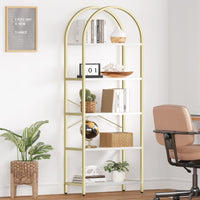 Libreria Garvee a 5 ripiani con struttura in metallo arcuato, moderno scaffale in legno, bianco/oro, ampio scaffale portaoggetti per soggiorno e ufficio