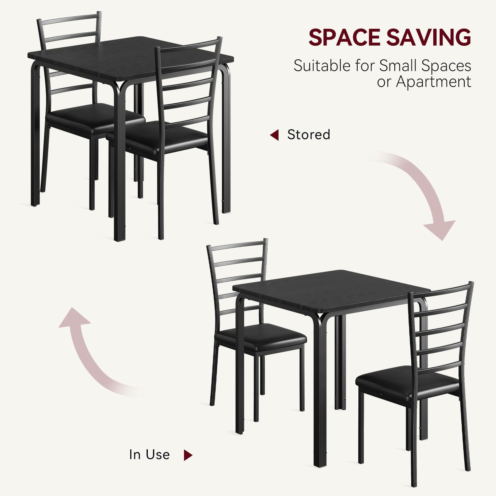 Set da pranzo Garvee da 3 pezzi per 2 persone con sedie imbottite, piano in MDF, salvaspazio, stabile, ideale per cucina e sala da pranzo, design moderno, nero