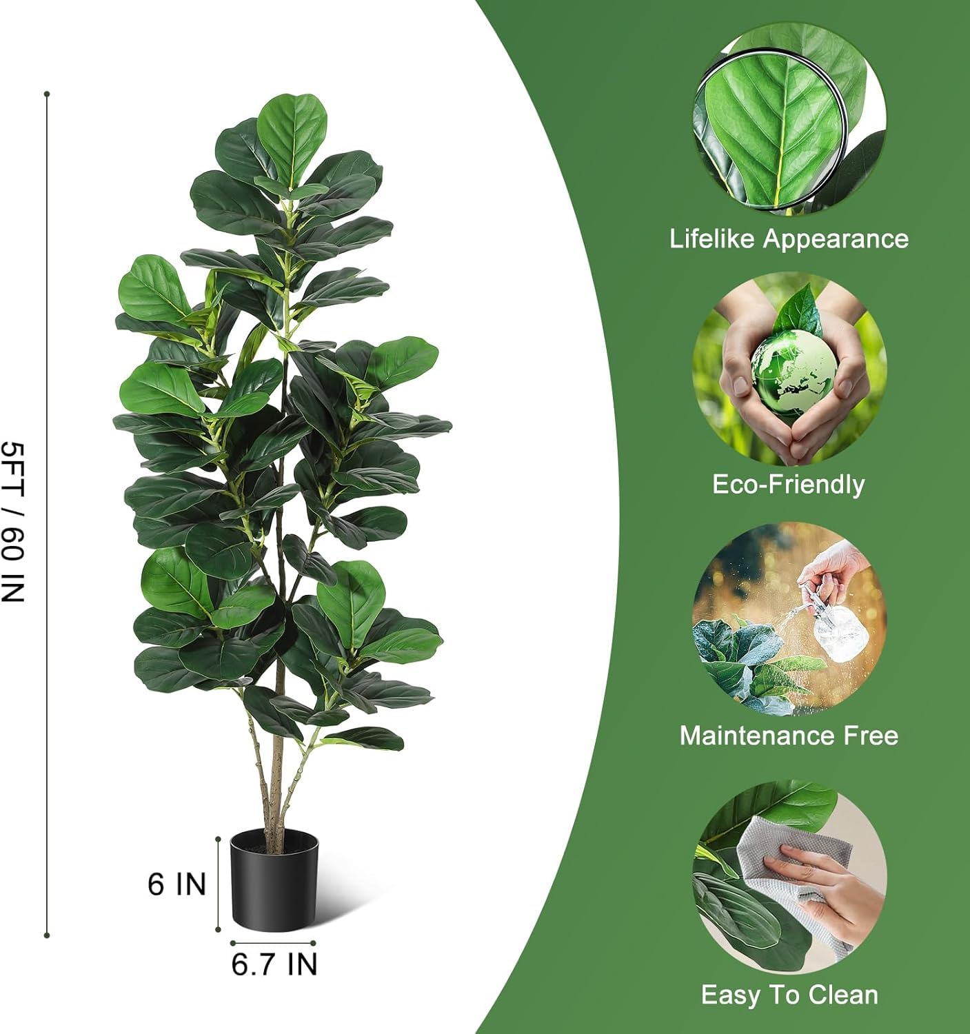 Albero di fico artificiale Garvee da 5 piedi con vaso nero per la decorazione di casa e ufficio, bassa manutenzione, durevole, realistico, verde