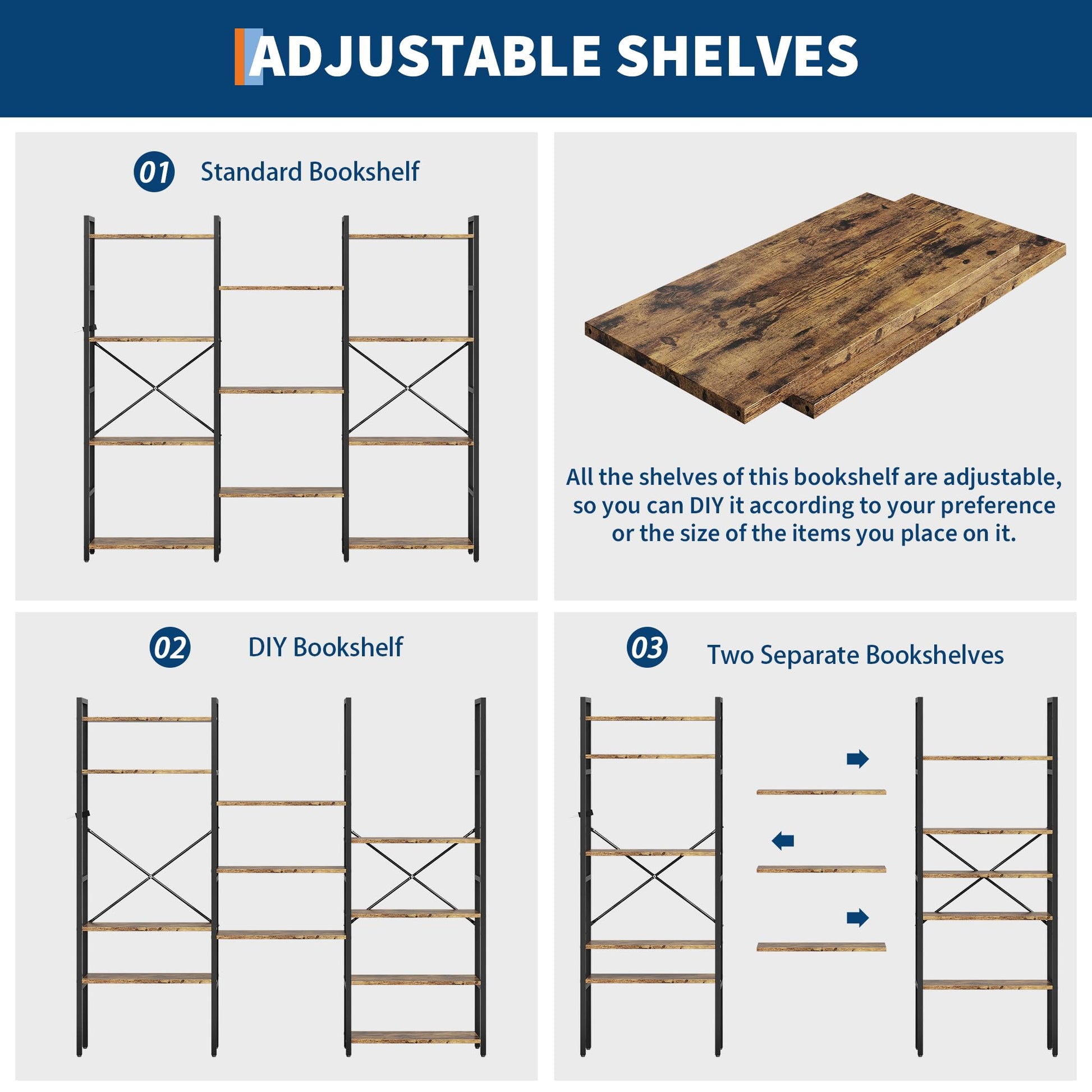 Libreria Garvee Industrial a 4 ripiani con struttura in metallo, grande e robusta mensola per soggiorno e ufficio, marrone rustico, versatile