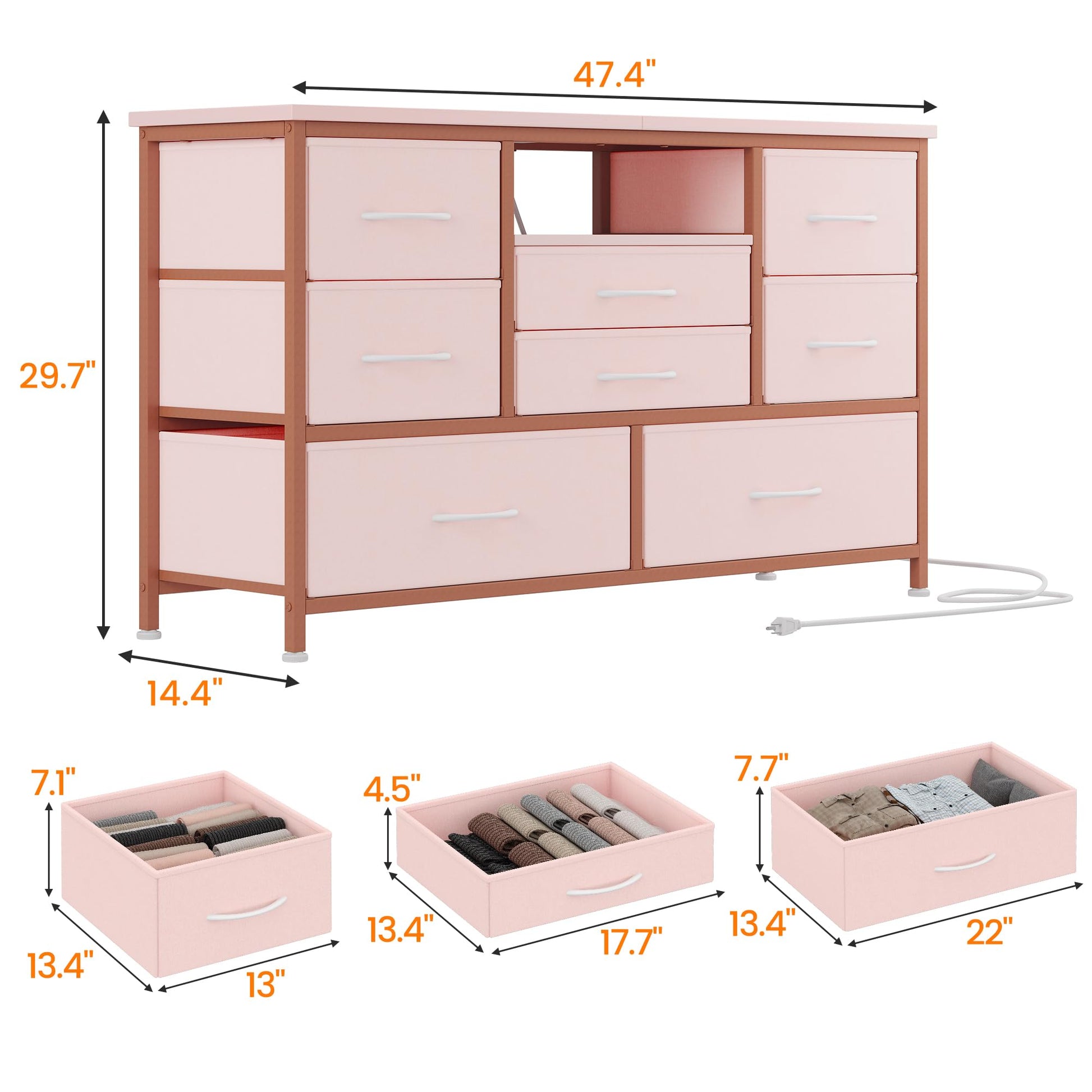 Mobile TV Garvee a 8 cassetti con illuminazione a LED e presa di corrente per soggiorno e camera da letto, legno MDF, luce RGB, ampio spazio di archiviazione, bianco