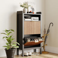 Scarpiera Garvee con 2 cassetti a ribalta, design scanalato, MDF e metallo, per corridoio e soggiorno, grande, bianco