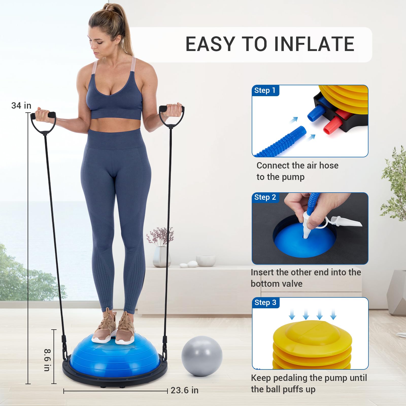 Garvee Balance Ball Half Sphere Trainer da 23 pollici con 2 fasce e pompa per yoga e allenamento della forza, blu, capacità di peso di 1600 libbre, base antiscivolo