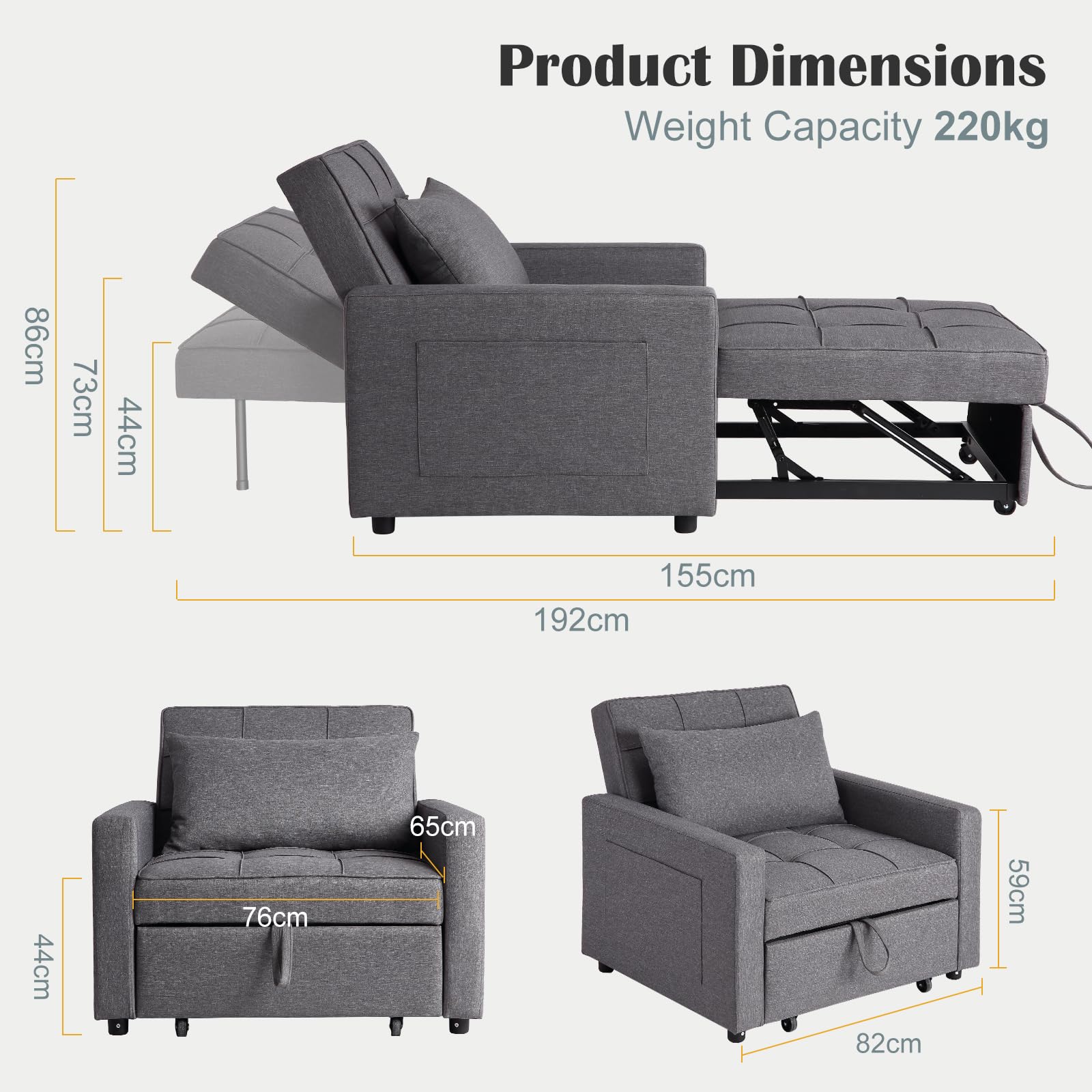 Divano letto/poltrona letto 3 in 1 Garvee con funzione letto, tessuto di lino, salvaspazio, 192 x 96 x 59 cm, grigio scuro