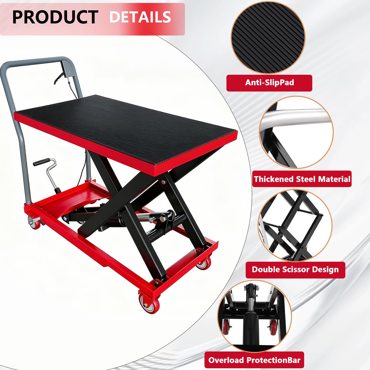 Tavolo elevatore Garvee da 28,5 pollici, manuale, in acciaio, idraulico, capacità di sollevamento di 500 libbre, 4 ruote, per carichi pesanti in garage, officina e industria con altezza regolabile