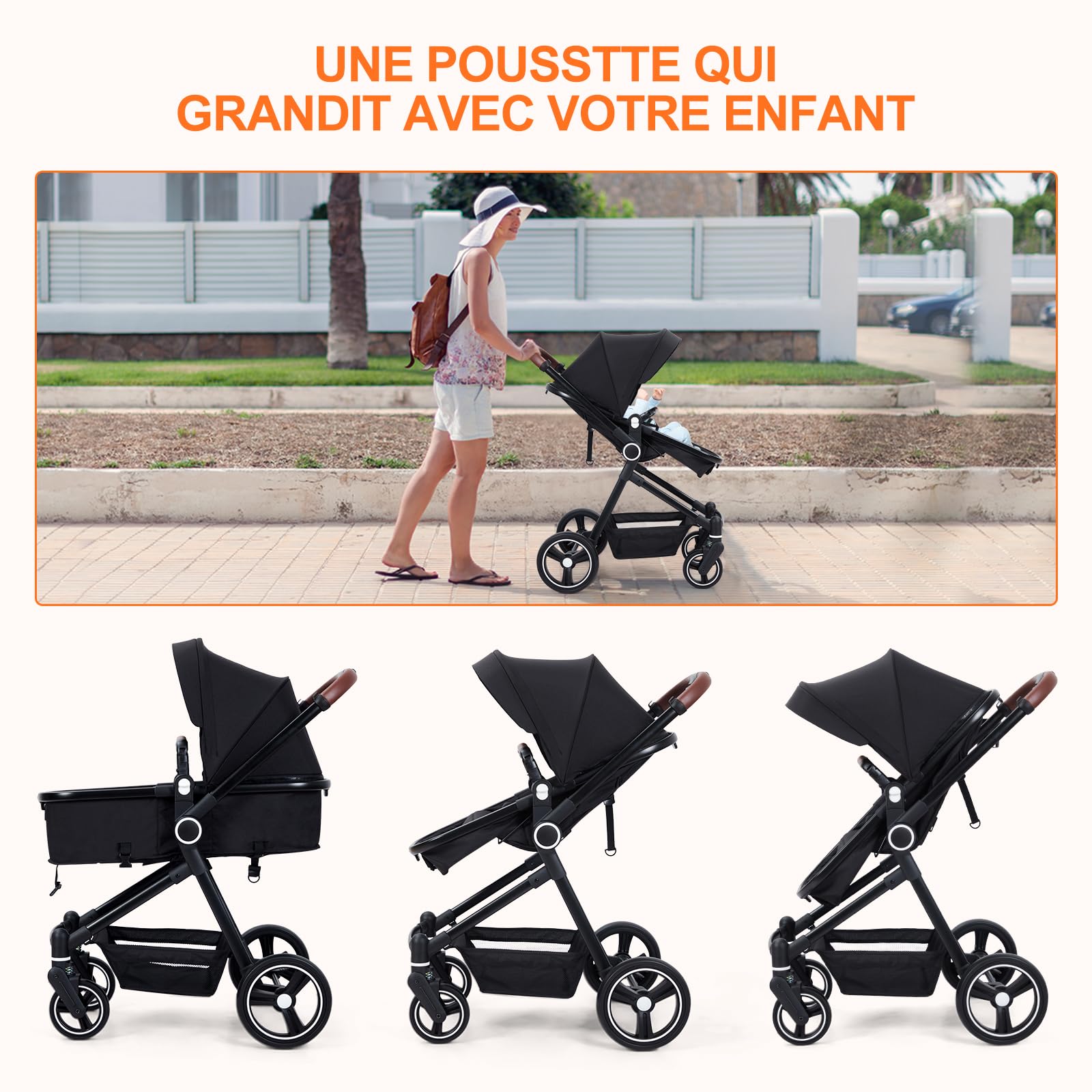 Garvee Cochecito Baby 2 en 1 Ultracompactta Ligero Reversible Aluminio Negro Para Recién Nacido Hasta 3 Años Paseos Urbanos