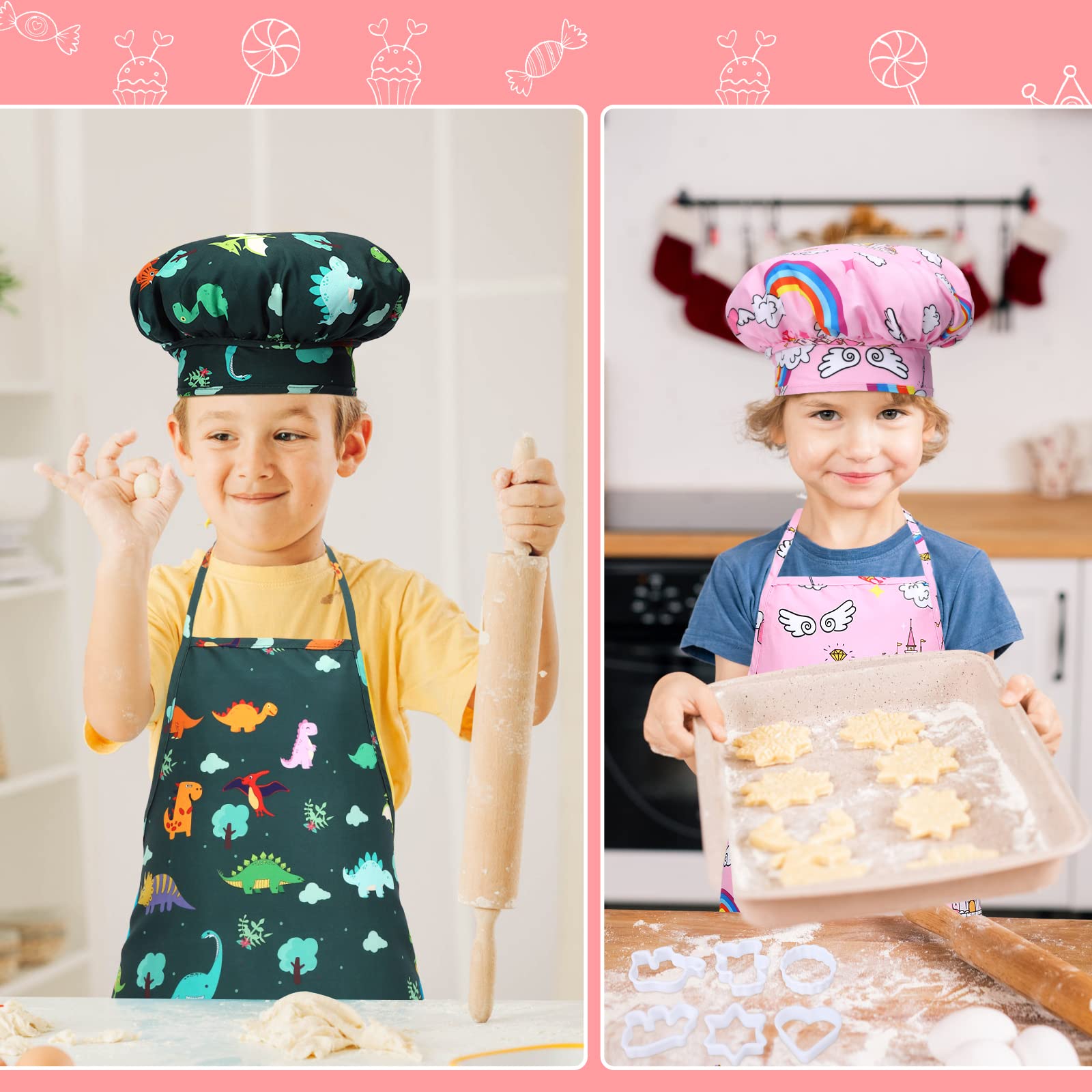Garvee Set 2 Pezzi Costume Cucina Bambini, Schürze e Mütze in Pfirsichfleece, Rosa e Verde, Gioco di Ruolo, Regalo Perfetto