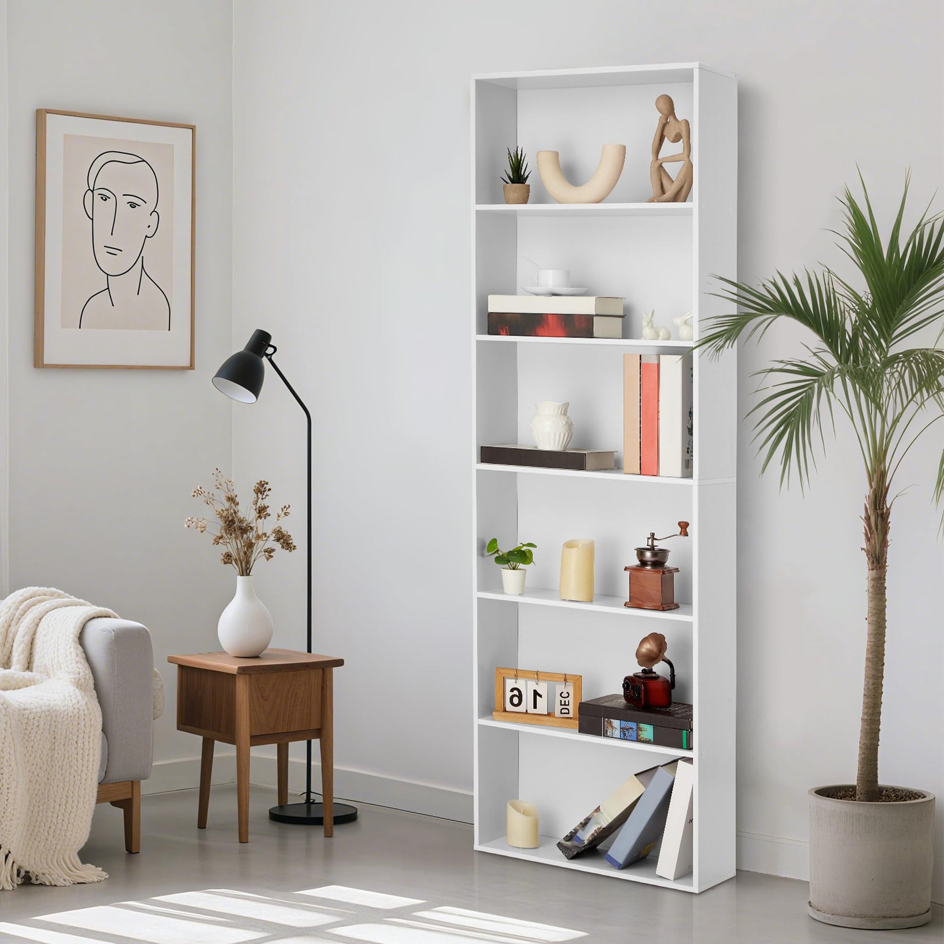 Libreria industriale Garvee a 6 ripiani bianca per soggiorno e ufficio, altezza 71,4" in legno rustico, capacità di 250 libbre, sicura e versatile.
