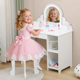 Tavolo la toeletta per bambini Garvee con luce LED e sgabello, luce regolabile, contenitore, MDF, bianco, per bambini da 3 a 9 anni, camera da letto e sala Giochi - Bianco