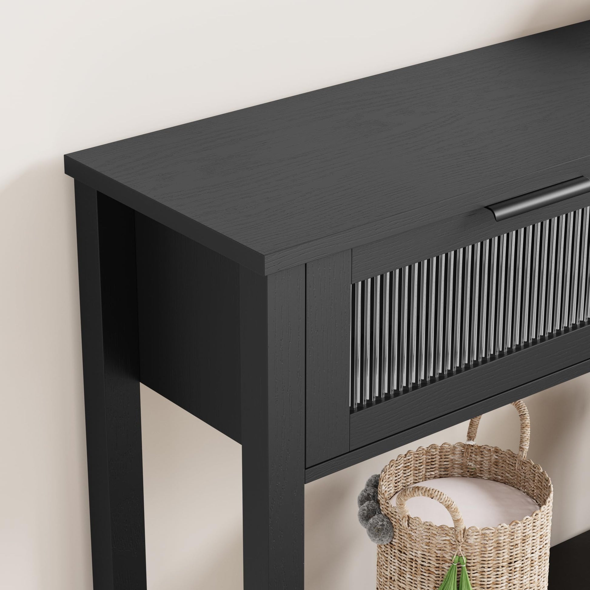 Tavolo da ingresso Garvee, consolle in legno con 2 cassetti in vetro, spazio di archiviazione, MDF, nero, soggiorno e corridoio, 43,3x11,8x31,4 pollici